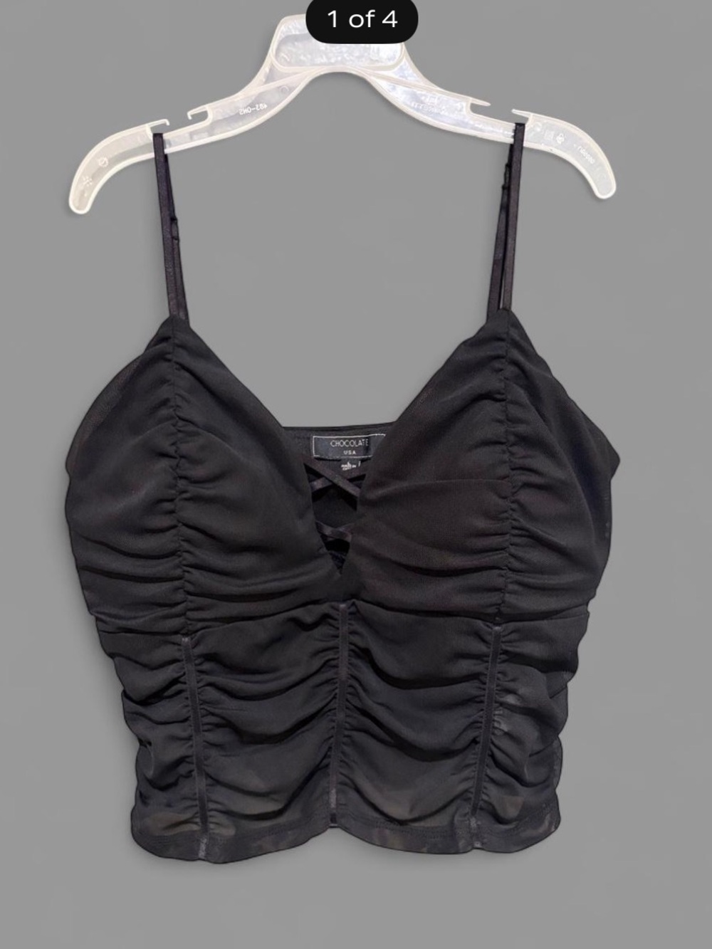 Chocolate USA Black Ruched Crop Cami with Crisscross Detail size large